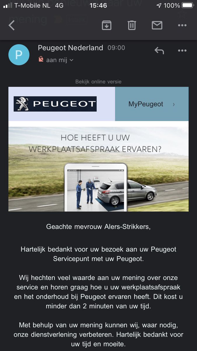 Jos_Alers's tweet photo. @PeugeotNL Grappig deze mail te ontvangen van @PeugeotNL “benieuwd naar de mening over het bezoek en de service”
Wat denken jullie zelf?
Zou beginnen met de reactie op het schrijven van 9 december! https://t.co/HkAjs13bbF