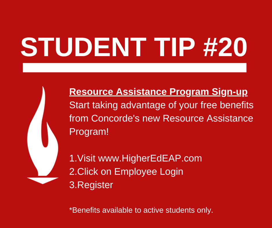 ConcordeCareer's tweet photo. We want to help our students achieve success mentally, physically and professionally. Our new Resource Assistance Program (RAP) offers a range of free resources for life's challenges.
Don't forget to sign-up for these benefits! #studenttip #concordecares https://t.co/FzWFER8hdI