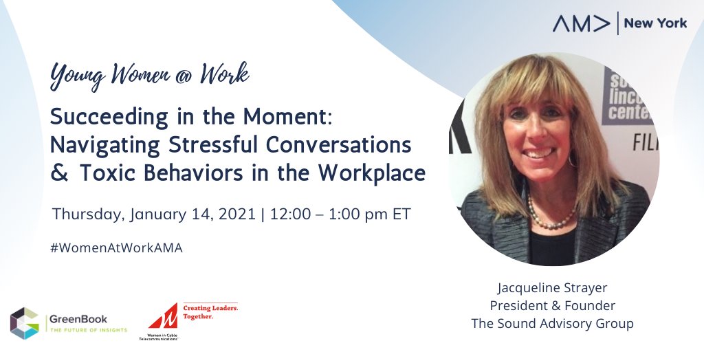 NewYorkAMA's tweet photo. Navigating a stressful work environment is tough, especially during a pandemic. Join us on January 14 at 12pm EST to learn coping strategies. Jacqueline Strayer will lead this timely workshop. RSVP Now To Manage Conflicts Better: https://t.co/8v7HdgU6Sl #AMANewYork #workconflicts https://t.co/3h2kES4hi0