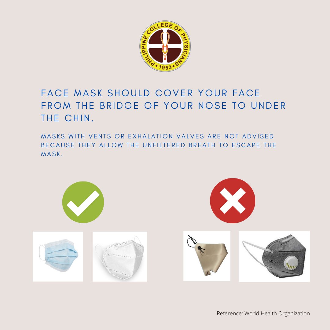 Face mask should cover your face from the bridge of your nose to under the chin. Masks with vents or exhalation valves are not advised because they allow the unfiltered breath to escape the mask.