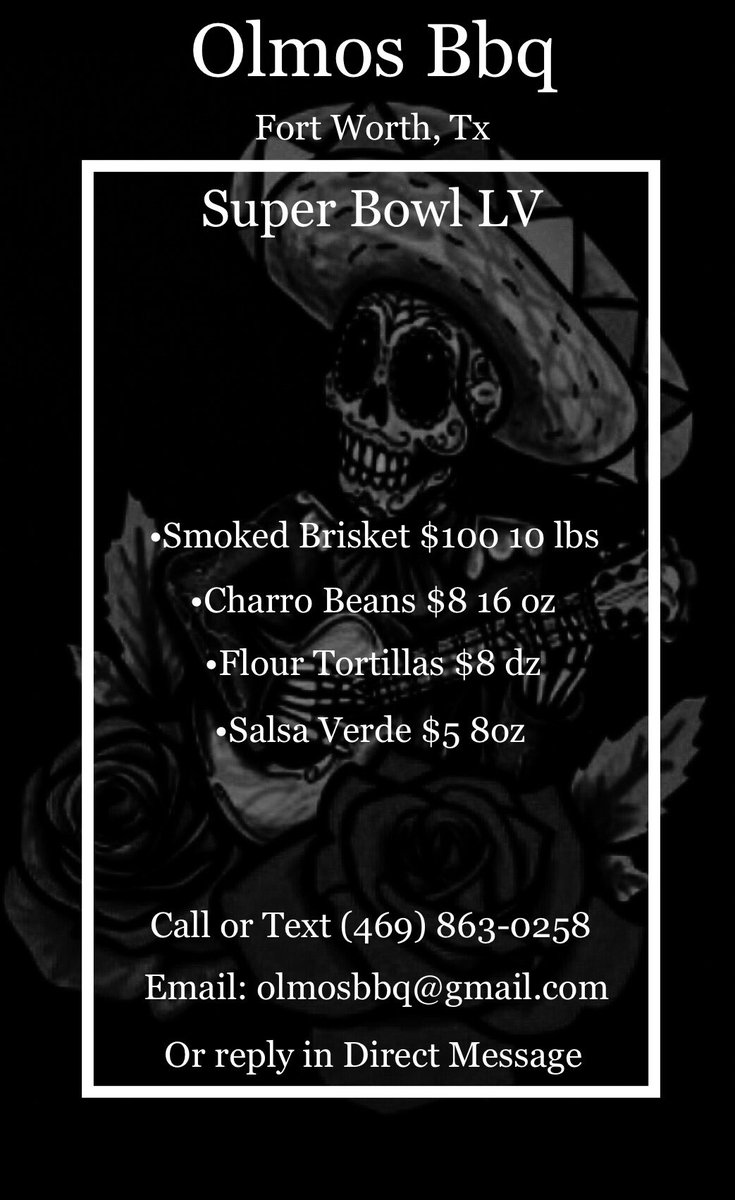 johnpgovea's tweet photo. Taking orders for #SuperBowlLV Don’t wait due to limited smoker space. If there is something you have seen in a previous posts or if you have a special request feel free to ask about pricing. #FortWorth #TxBbq #OlmosBbq #EatLocal #SBLVmenu https://t.co/SUny8Ux2IH