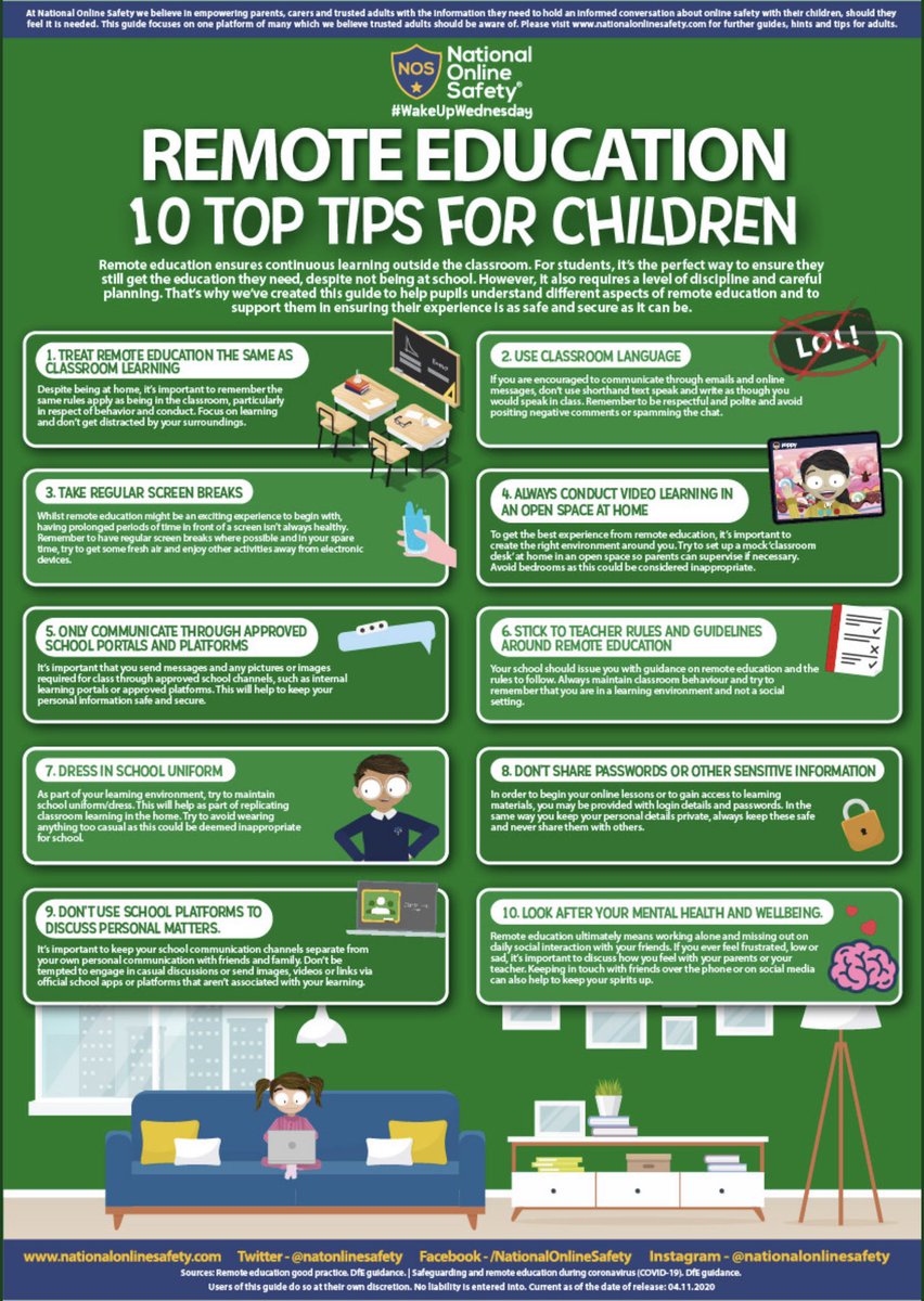 HeadteacherDcc's tweet photo. Once again we are back to online learning so here is a little refresher for students, parents &amp; carers on how to stay safe when accessing remote education. #DCC  #WakeUpWednesday https://t.co/41YeJ0RWnT