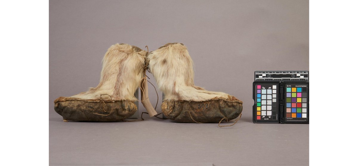 NMNH's tweet photo. Warm, dry footwear is essential for survival in the Arctic. These boots are carefully made of contrasting pieces of the white underbelly fur of the caribou for the upper part with seal hide soles. https://t.co/m5lgySfjNT
