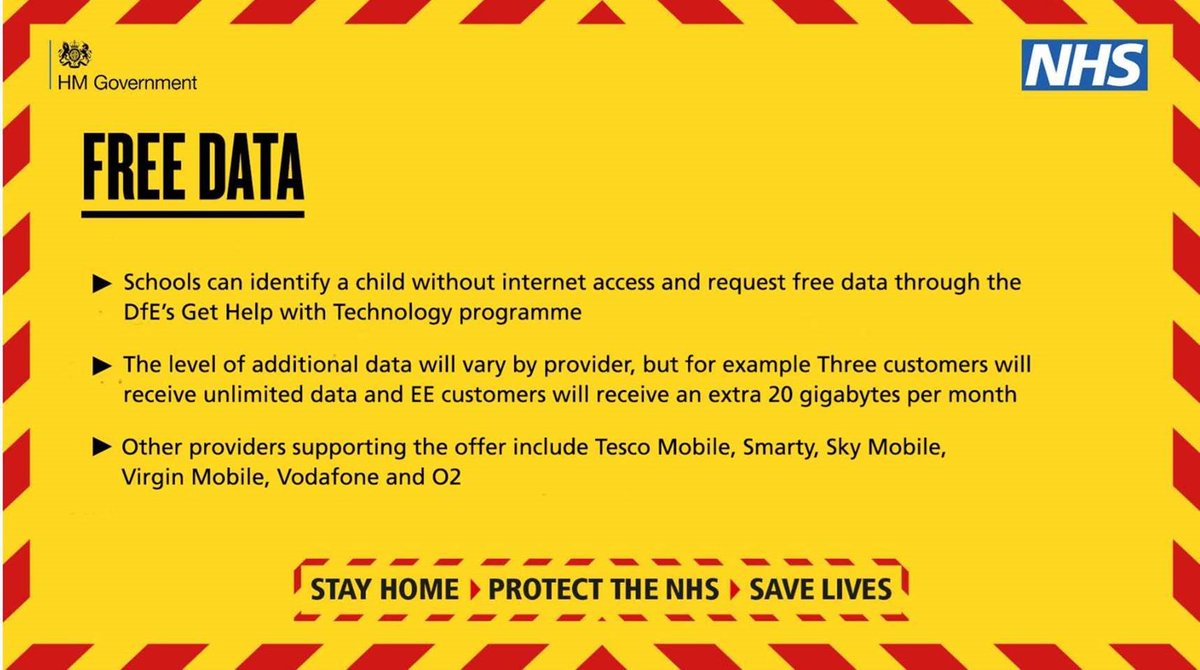 We’re working with the UK’s leading mobile network operators to provide access to educational sitesSchools can already request free mobile data uplifts for disadvantaged families, via the Department for Education’s website:  https://get-help-with-tech.education.gov.uk/about-increasing-mobile-data