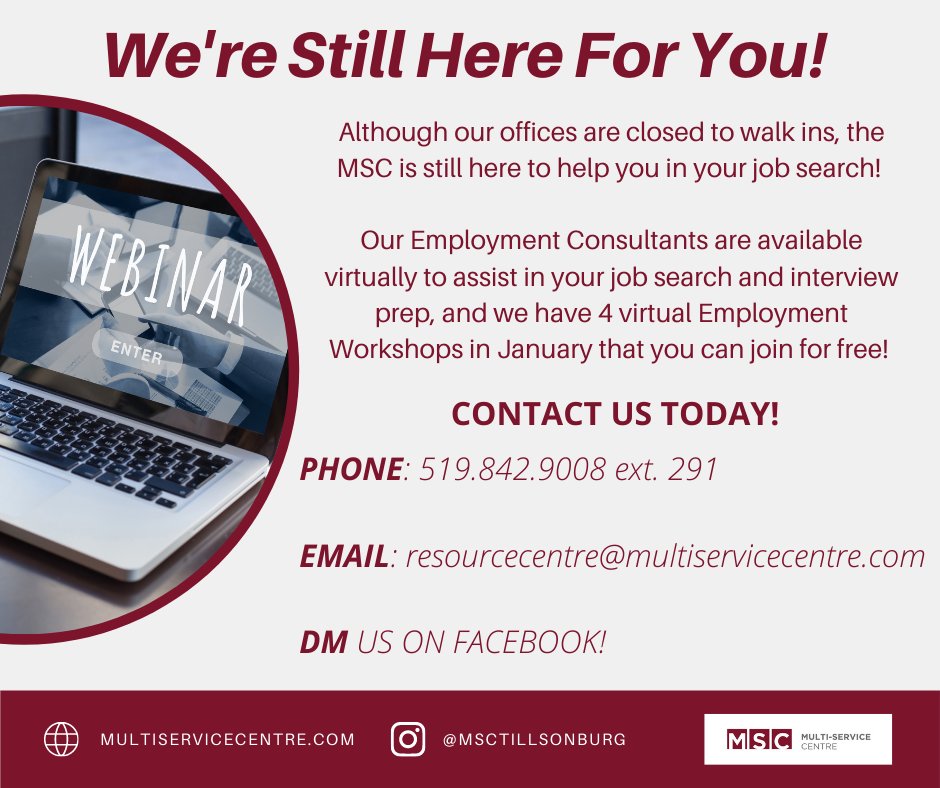MSCTillsonburg's tweet photo. WE'RE STILL HERE FOR YOU! 👇
Although our offices are closed to walk ins, we are still here to help you in your job search! 
We are operating 💻virtually💻, and have plenty of FREE workshops you can register for! 📝
Contact us via phone, email or DM us on Instagram or Facebook!💬 https://t.co/g8S2cnk2ut
