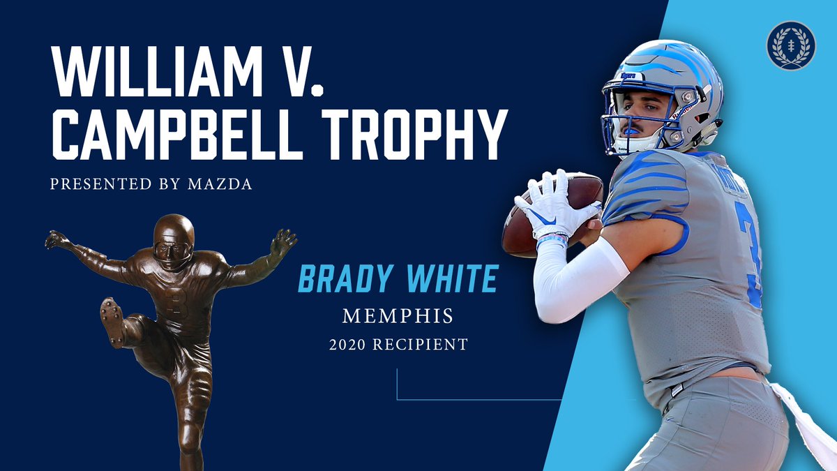 Congrats to <a href="/MemphisFB/">Memphis Football</a> QB <a href="/BradyWhite223/">Brady White</a> on being named the recipient of the 2020 #CampbellTrophy Presented by <a href="/MazdaUSA/">Mazda USA</a>!

Doctoral student claims college football's premier scholar-athlete award, receiving $25,000 postgraduate scholarship

🔗footballfoundation.org/news/2021/1/6/…