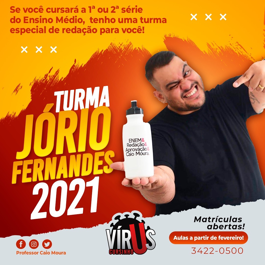 ProfCaioMoura's tweet photo. Primeira novidade de 2021!

Você estudará na Turma Jório Fernandes neste ano! Fato! Você fará parte do isolado dos verdadeiros resultados!

Matrícula no Vírus Cursinho: 3422-0500. https://t.co/5LTEI3O0bU