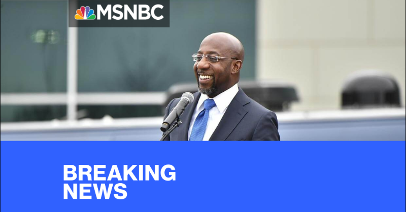 MSNOWNews's tweet photo. Warnock (D) wins U.S. Senate runoff in Georgia, NBC News projects. Perdue-Ossoff too close to call. Watch now. https://t.co/rS1zuHJncN