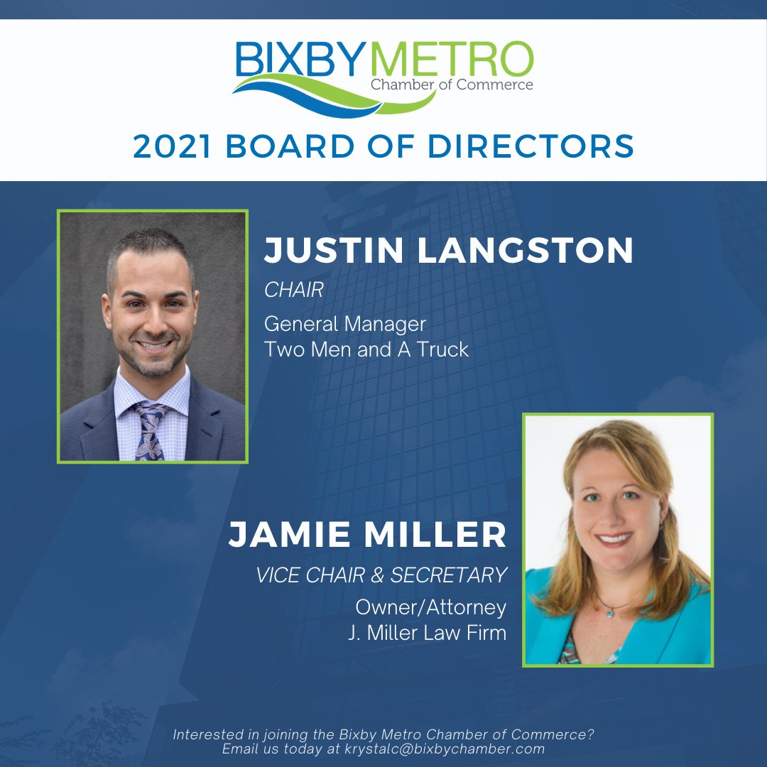 BixbyChamber's tweet image. New Year...new Board of Directors! Throughout January we will be introducing our board members. First up...

Justin Langston, 2021 Board Chair, of Two Men and A Truck
Jamie Miller, 2021 Vice Chair &amp;amp; Secretary, of J. Miller Law Firm