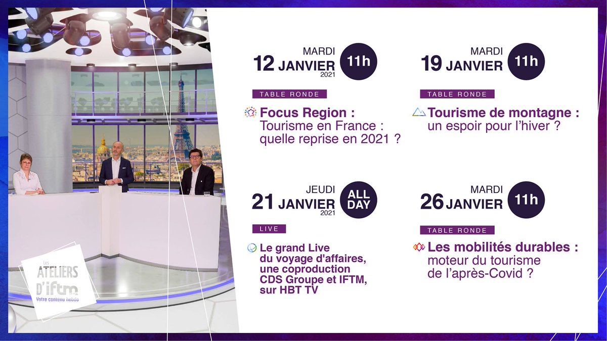 Pour bien commencer l'année, ne manquez pas les Ateliers <a href="/iftmparis/">IFTM</a> ! En janvier, ce sont 4 rendez-vous qui vous sont proposés sous forme d'émissions thématiques en ligne. Informations et inscriptions ici 👉 lnkd.in/dBidpwM 

#Tourisme #IFTM