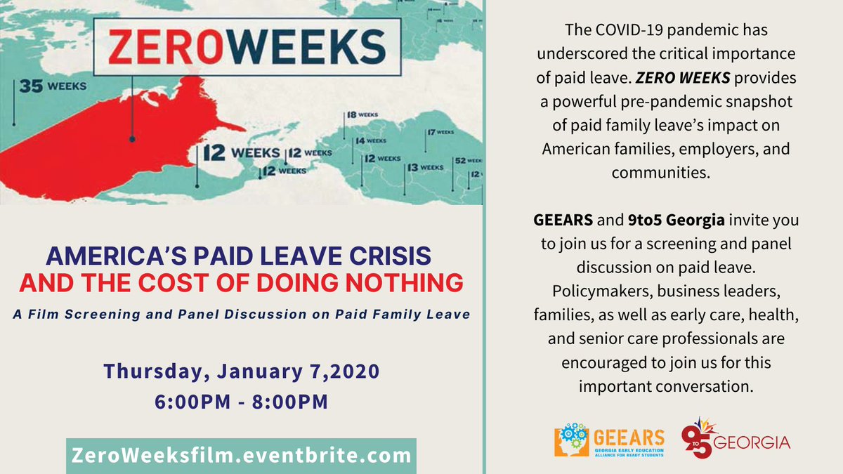 9to5georgia's tweet photo. Every year working families in the USA lose $20.6 billion in wages, due to a lack of paid family & medical leave. The #COVID #pandemic can only be exacerbating these numbers.
Join us on Jan 7 for a screening of #ZEROWEEKS. https://t.co/3DL0kkbX2X
@GEEARS @FmlyValuesWork https://t.co/UBlHY5vTes
