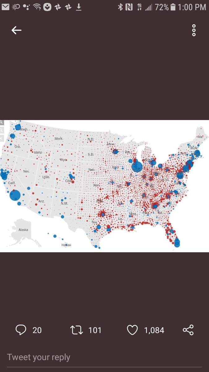 @NS_Voice @Kalifornica @joepabike @NerdRage42 @RevolutionCalln @aaronleewaters @KellyannePolls @GOP @realDonaldTrump @DrJillStein @jeremyscahill @ggreenwald @betsyreed2 @HillaryClinton @TheDemocrats @DNC Dirt doesn't vote pal. Here's how the map actually looks.See the blue? That's where all the people are. You're welcome!