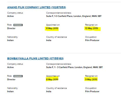 Please take not that many of his company have name of his bollywood movies.One more unusual pattern. Just look at the appointment date and resign date!Do you think it is normal practice?