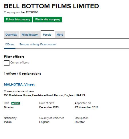 Bell Bottem movie has been announced in 2019 by Bhagnani’s production house but a there is a company registered for this film in UK which owner is Vinnet Malhotra!