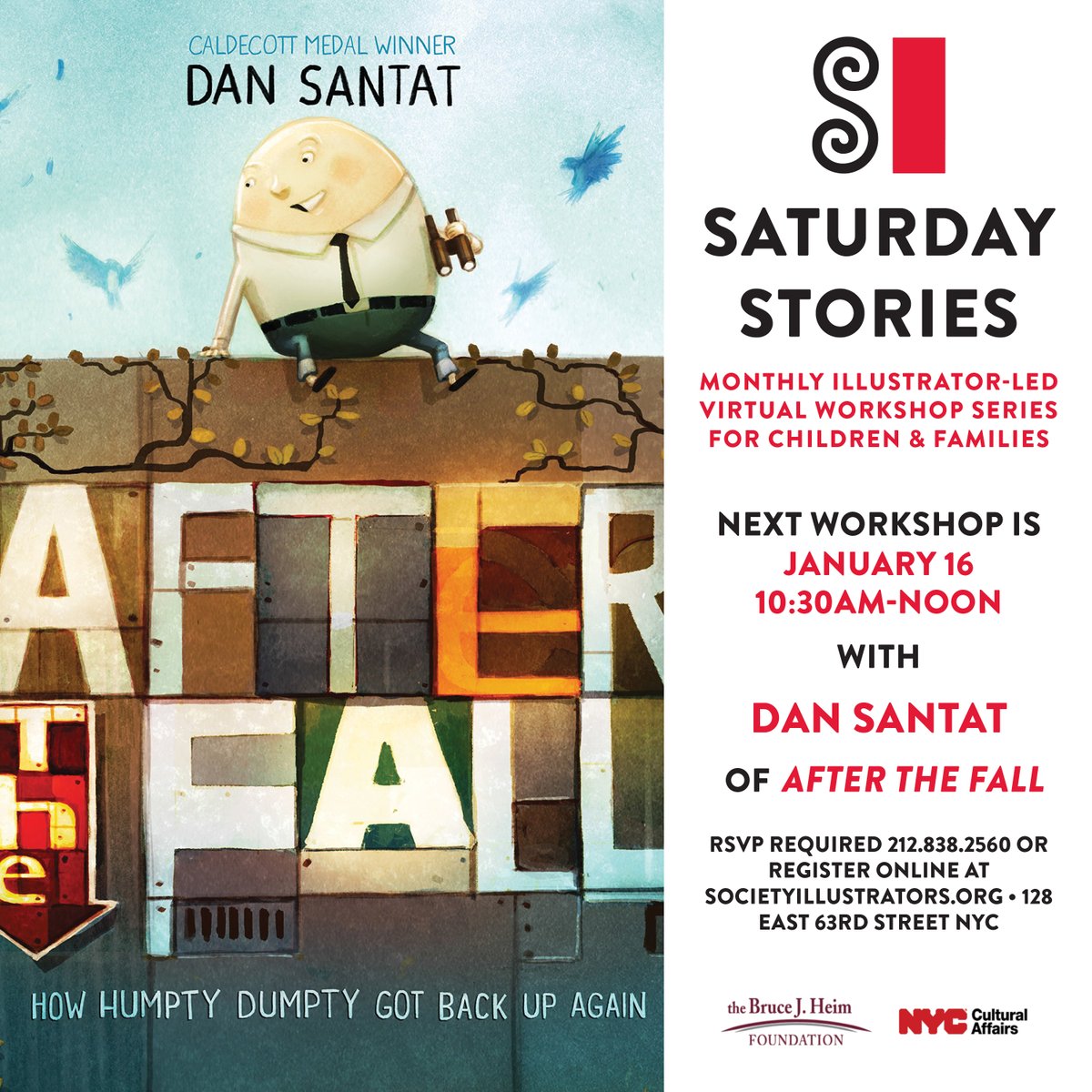 Society Illustrators (@soi128) on Twitter photo Register for Saturday Stories w/ Caldecott Award winning illustrator Dan Santat, Jan. 16 from 10:30AM-NOON (ET). <a href="/dsantat/">Dan Santat</a> will read, After the Fall & lead an art workshop to demonstrate how he creates the pictures in his books. Free w/ registration ⬇️
us02web.zoom.us/webinar/regist… Register for Saturday Stories w/ Caldecott Award winning illustrator Dan Santat, Jan. 16 from 10:30AM-NOON (ET). <a href="/dsantat/">Dan Santat</a> will read, After the Fall & lead an art workshop to demonstrate how he creates the pictures in his books. Free w/ registration ⬇️
us02web.zoom.us/webinar/regist…