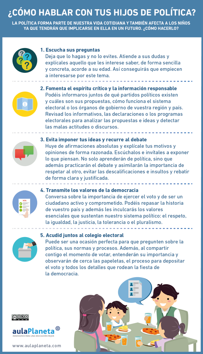 Aulaplaneta's tweet photo. Hablar de #política puede parecer complejo. Pero ¿y con tus hijos/as? Aquí te dejamos algunos #consejos.

#enseñanza #sermaestro #sermaestra https://t.co/5X5NIGiQGY