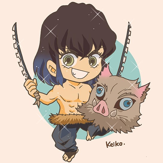 Keiko KaturaさんがTwitterに投稿した嘴平伊之助(鬼滅の刃)のイラスト。