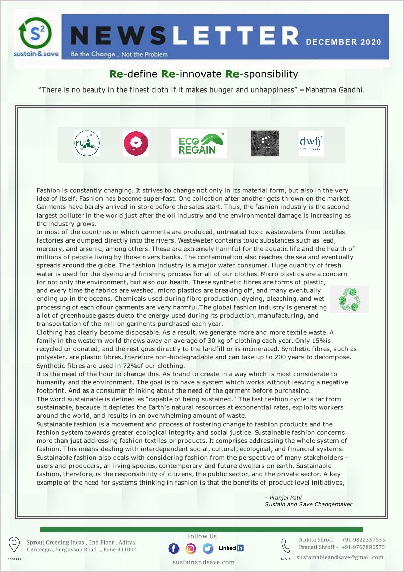 sustain_andsave's tweet photo. “If the problem exists so must the solution.”
The newsletter presents you a very inspiring note on switching to slow fashion to build a sustainable future for ourselves. The last month of 2020 inspired and motivated us to shop responsibly.
#Sustainandsave #sustaintalks #learning https://t.co/ihWzfMWsDn