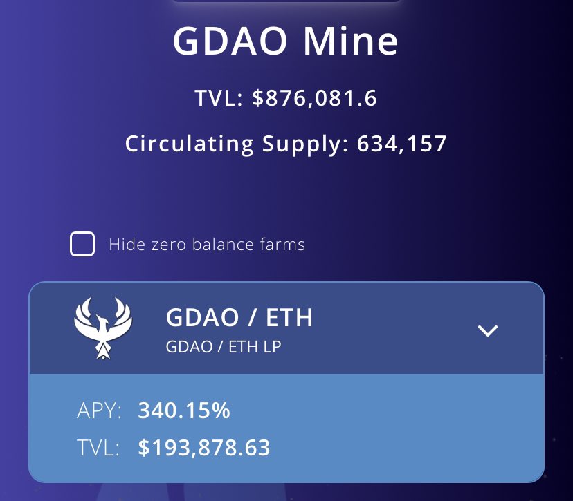 PudgyPops777's tweet photo. $876K currently locked in $GDAO Farms!
Take advantage of the current 340% APY for current $GDAO / $ETH LP providers!
And be sure to take advantage of the #SingleAssetStaking Pools immune to Impermanent Losses!
No converting, connect your wallet #Stake & #Earn simple as that https://t.co/4eRhjixXfB