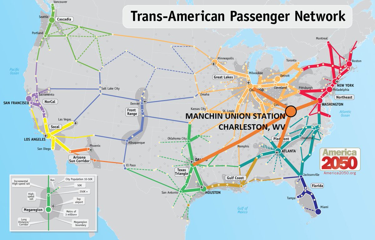urbandata's tweet photo. Today, the United States woke up to a new high speed rail map.
#JoeManchin #hsrail #cplan
(Original map @America2050, dark orange lines added) https://t.co/6diedhXrzK