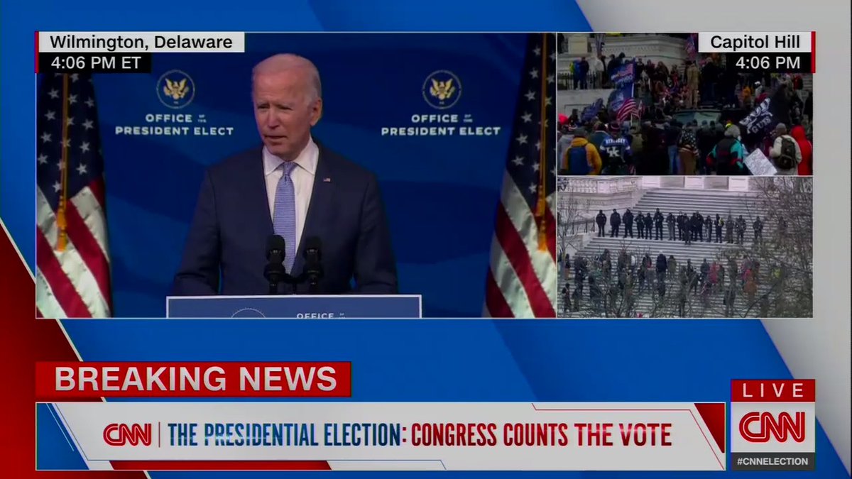 Biden is speaking now."At this hour, our democracy's under unprecedented assault, unlike anything we've seen in modern times."