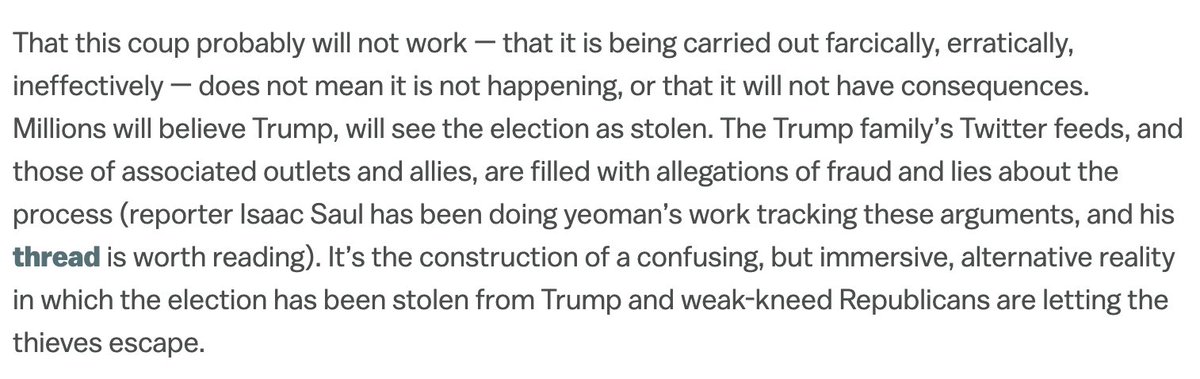 From the day of the election, and from well before, it was completely obvious what Trump was attempting, and what the possible/likely consequences were. None of this was a surprise. It's all been a straight line. vox.com/2020-president…