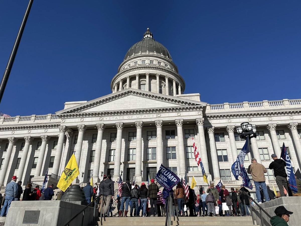 I’m at the Utah State Capitol, where a crowd has gathered with Trump flags and signs that say “Stop the Steal” at the same moment the U.S. Capitol has been breached. Hearing that Capitol staff here have been ordered to evacuate amid this protest.  #utpol