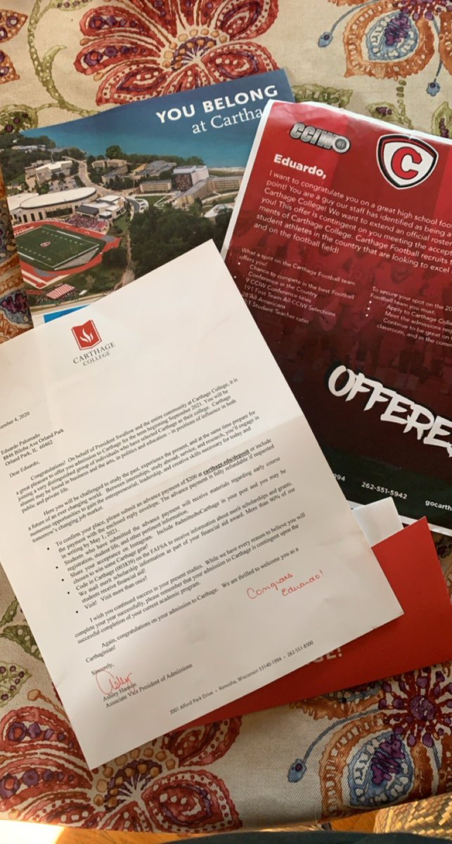 EddiePalomado's tweet photo. Very Excited to be accepted and offered a roster spot to Carthage college! @Carthage_FB https://t.co/pIeV8Ik4hE