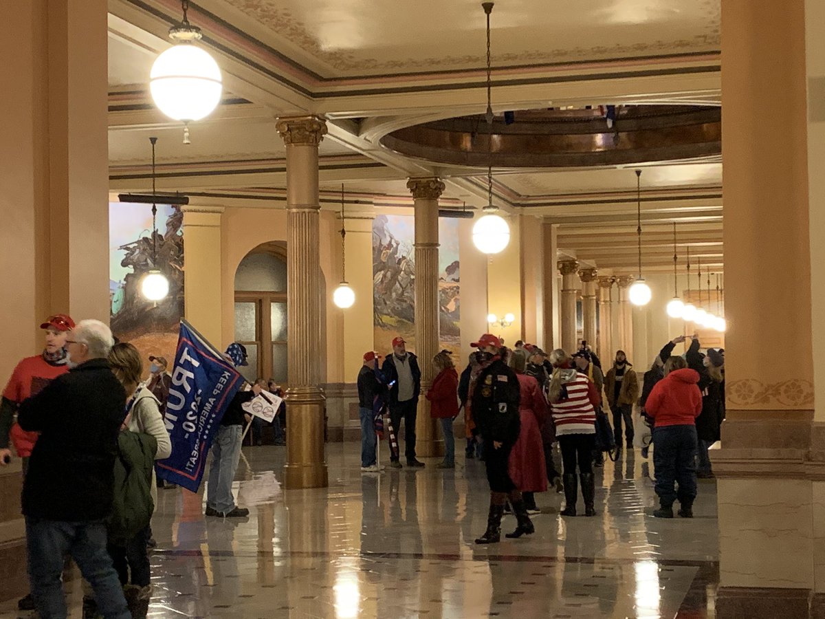 MapProtests's tweet photo. The Kansas Legislature is not in session but a collection of Trump supporters are now gathering in the rotunda. This as protestors in DC have stormed the Capitol https://t.co/kIBJPb1xuu via @KatieJ_Bernard #Kansas https://t.co/0dUP8yjq0H