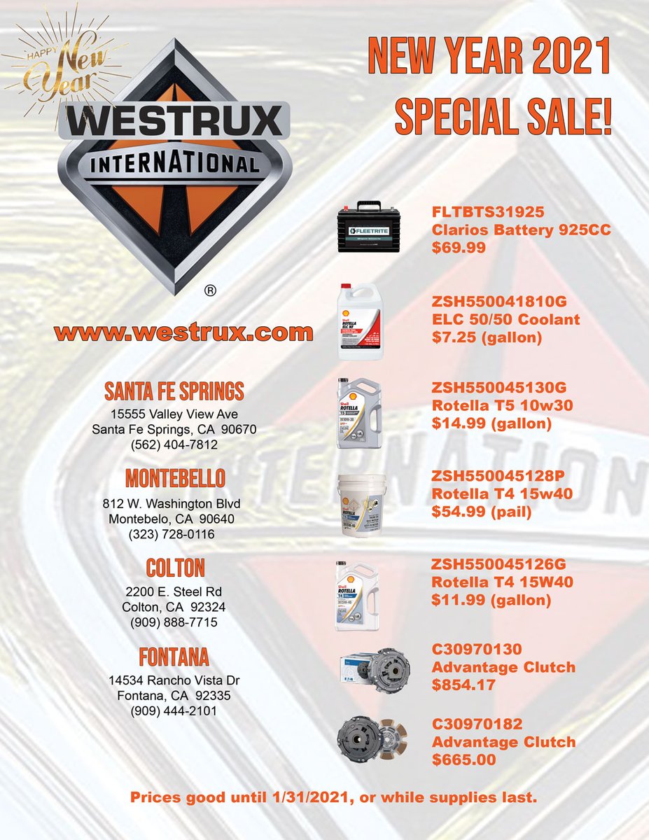 WestruxInt's tweet photo. We have some great parts specials for you to start the year fresh! Offer good now through the end of January!
#westrux #westruxinternational #sale #PartsSale #partsspecial https://t.co/0aL1FH6D3B
