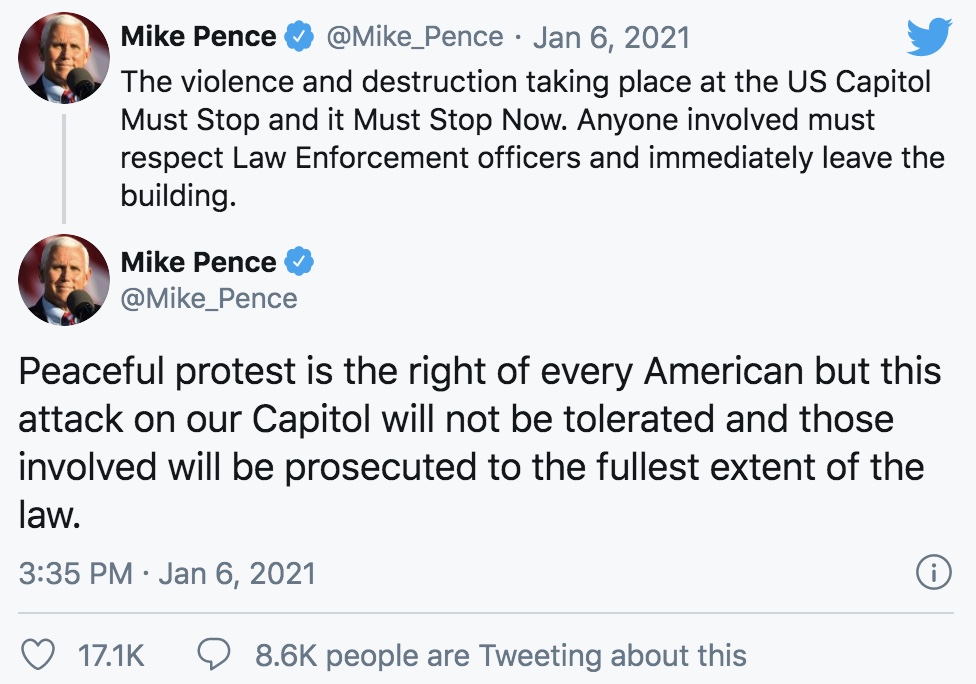 Vice President Pence calls for rioters to leave the Capitol building: “The violence and destruction taking place at the US Capitol Must Stop and it Must Stop Now" cnn.it/2Lnbmzw