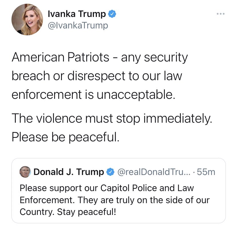 badasscaregiver's tweet photo. Ivanka Trump doesn’t want you to see this tweet she deleted calling the terrorists storming the Capitol “patriots”.

So here it is. https://t.co/TR3VNypFIO