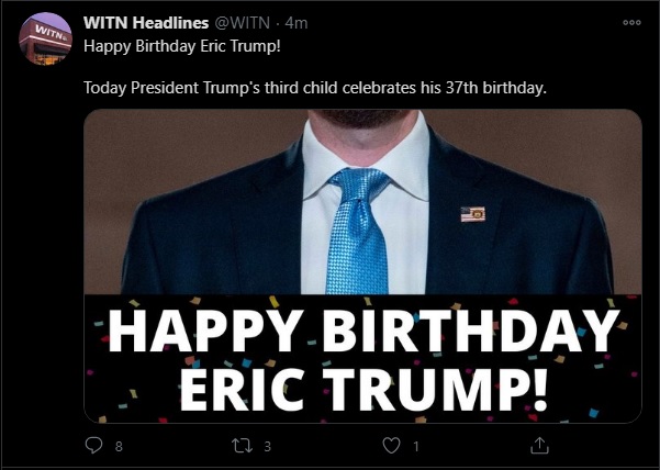 PittCountyMugs's tweet photo. So @WITN tweeted (and then very quickly deleted) a birthday tweet to  Eric Tru*p while he is actively trying to overthrow the US government?
(Shots have been fired, National Guard is on it's way. This isn't theoretical anymore.) https://t.co/b9l40JtHHt