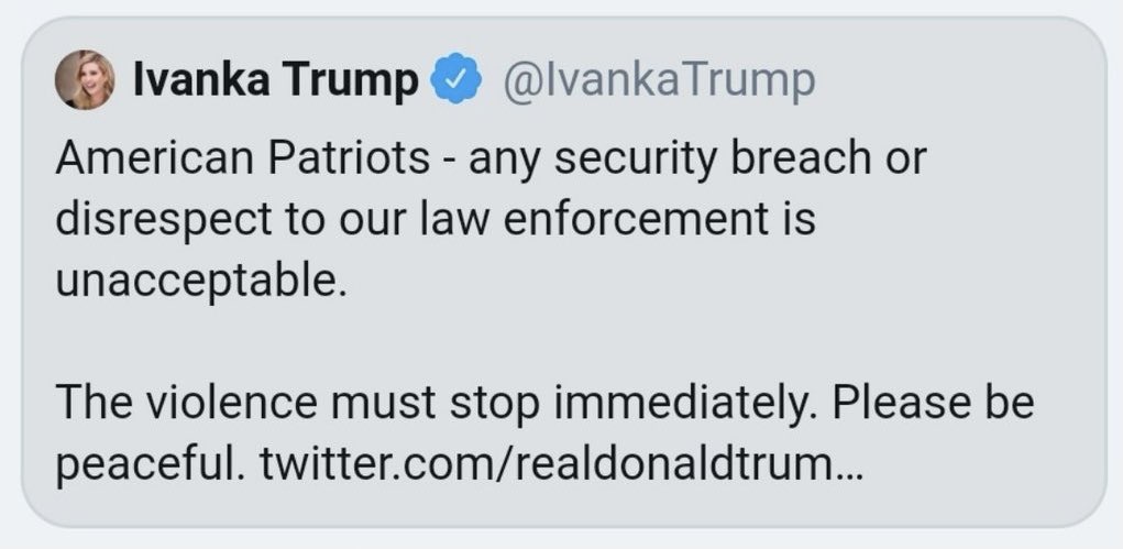 We were always told that <a href="/IvankaTrump/">Ivanka Trump</a> was going to be the “voice of reason” for her father. Instead, she’s just as complicit.

You can delete the tweet, but you calling rioters “American Patriots” will live on!