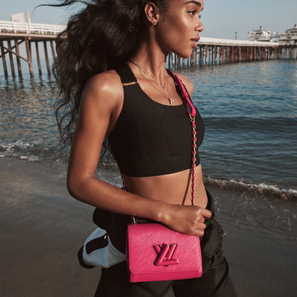 Louis Vuitton on X: A mesmerizing seascape. #LauraHarrier sports the new  Twist monochrome in freesia, adding a vivid burst of color to her look.  Explore the new #LouisVuitton campaign at    /