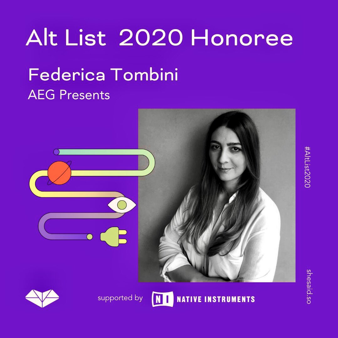 AEGworldwide's tweet photo. Congratulations to @AEG_Presents’ Federica Tombini who was named to the @shesaid_so &amp; Native Instruments #AltList2020 recognizing music execs for their resilience, adaptability &amp; positive change in their organizations in 2020! 

Learn more: https://t.co/KbkP9BKHKP https://t.co/vxNUULnxeb