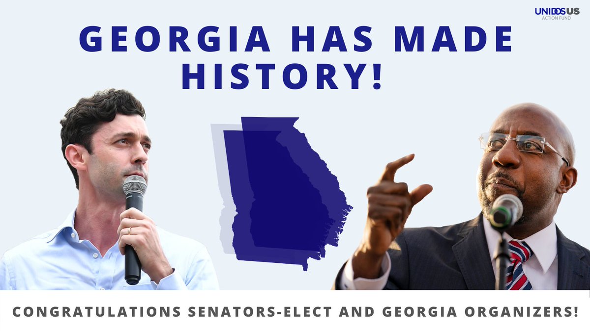 UnidosUSAF's tweet photo. A historic victory made possible by the tireless and courageous work of a diverse and grassroots coalition! Congratulations Senators-Elect @ReverendWarnock and @ossoff.  

With these victories, we will continue to fight for the change we need. 💪🏾
#GASenateElection https://t.co/41IuQTQQpV