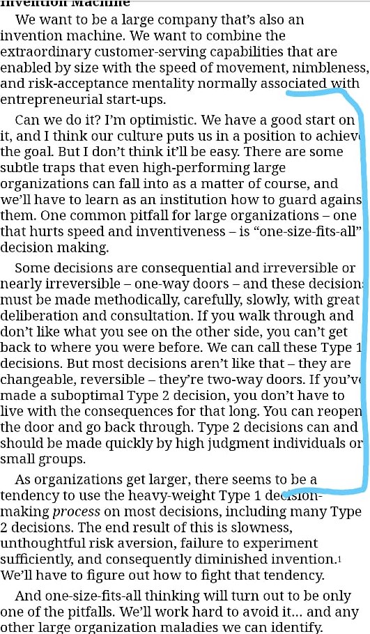 AMZN defines speed. Their 2015 SEC filing ( http://shorturl.at/xDEU1 ) is a must-read: (1) deliberate irreversible decisions (~10%?) (2) expedite all else. Founding teams need to learn how to apply judgment w/ <70% of data (<50% for early stage cos). Move fast, “disagree & commit”.