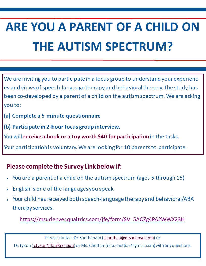 @AutismMomExpert #slpeeps Any help with recruitment for this study would be greatly appreciated. It is a participatory research study - a parent of a child on the autism is a co-researcher, and we're hoping to recruit 10 parents. Thanks so much! msudenver.qualtrics.com/jfe/form/SV_5A…