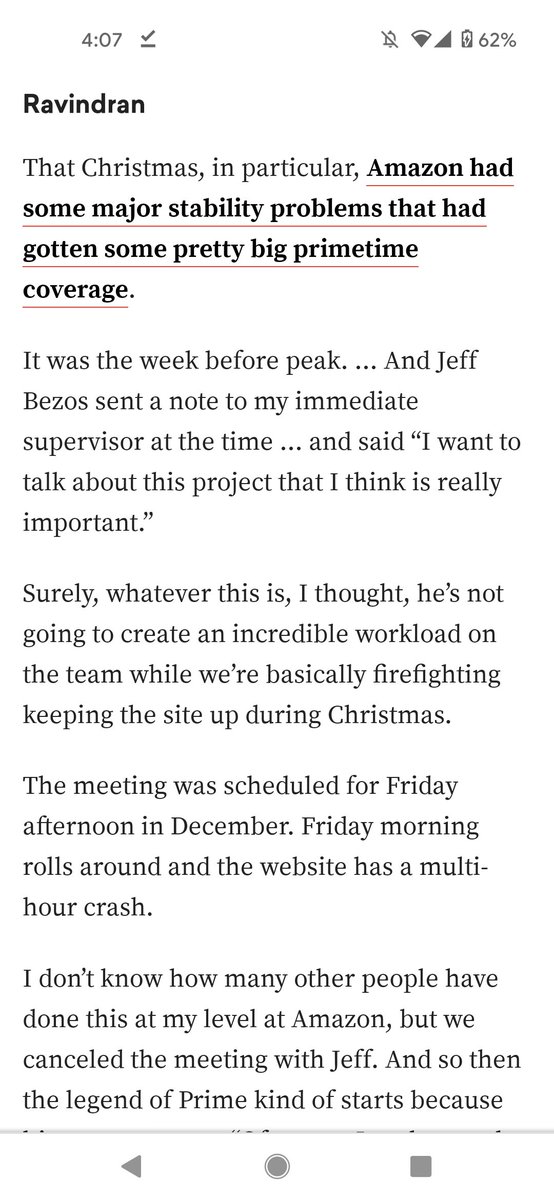 The launch of AMZN Prime is, of course, the stuff of legends. Apparently, Bezos called his top leadership over the xmas weekend to his house (busiest week of the year; lots of stuff crashing) & tells them to plan & launch Prime in 3-4 weeks.  @vijayravindran talks about it (3):