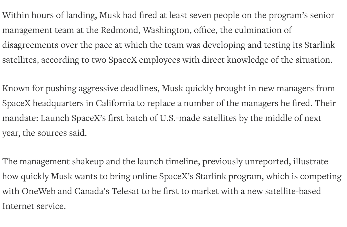 . @elonmusk is another fantastic example of speed & urgency. In 2018, unhappy w/ how the Starlink project was moving, he flew to Seattle &, soon upon landing, fired 7 of his top managers. By May 2019, there were 60 starlink sats in space. Elon is now expediting Mars timelines.