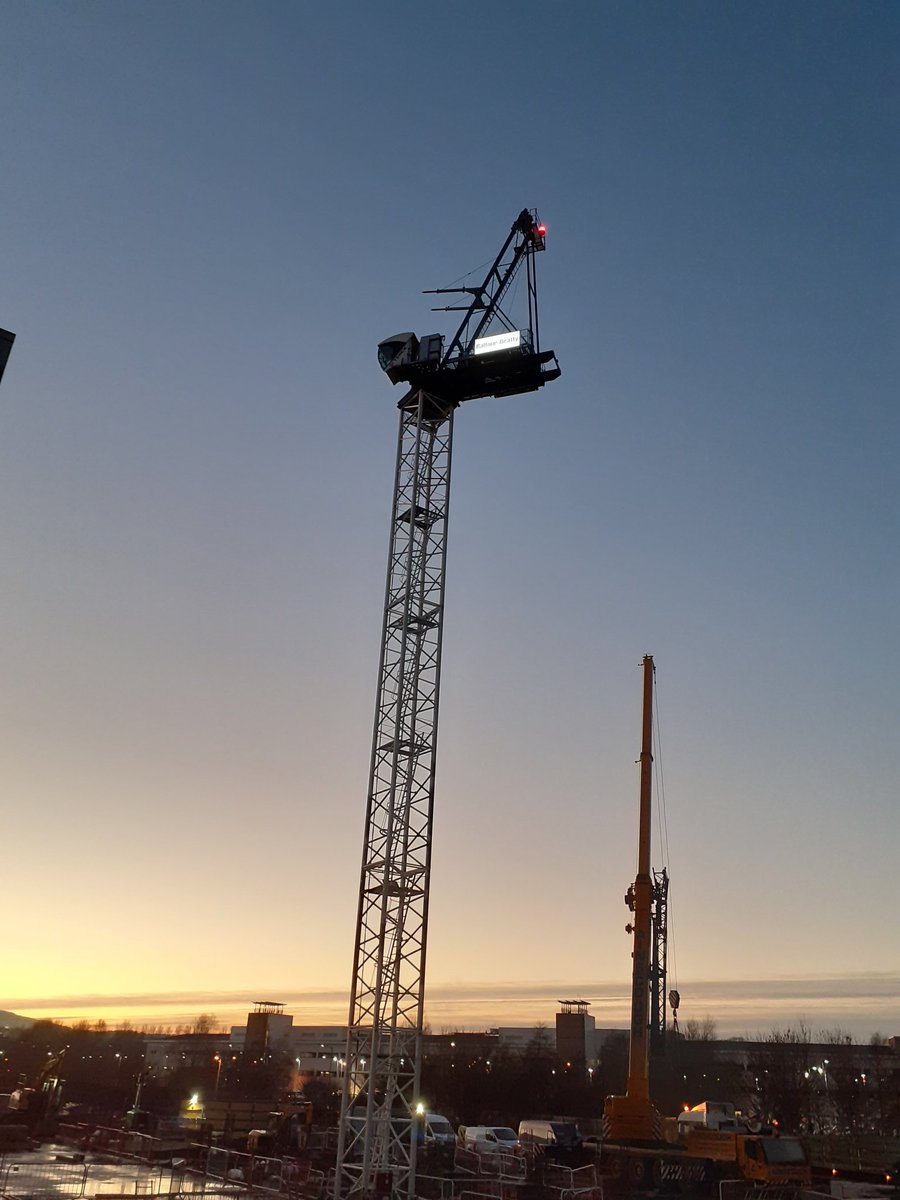 BB_IRRproject's tweet photo. As the sun sets the team have done a great job getting crane mast, slew ring and cab installed. Jib, rope and testing to follow tomorrow.  Great job team. https://t.co/4RGt62CbOA