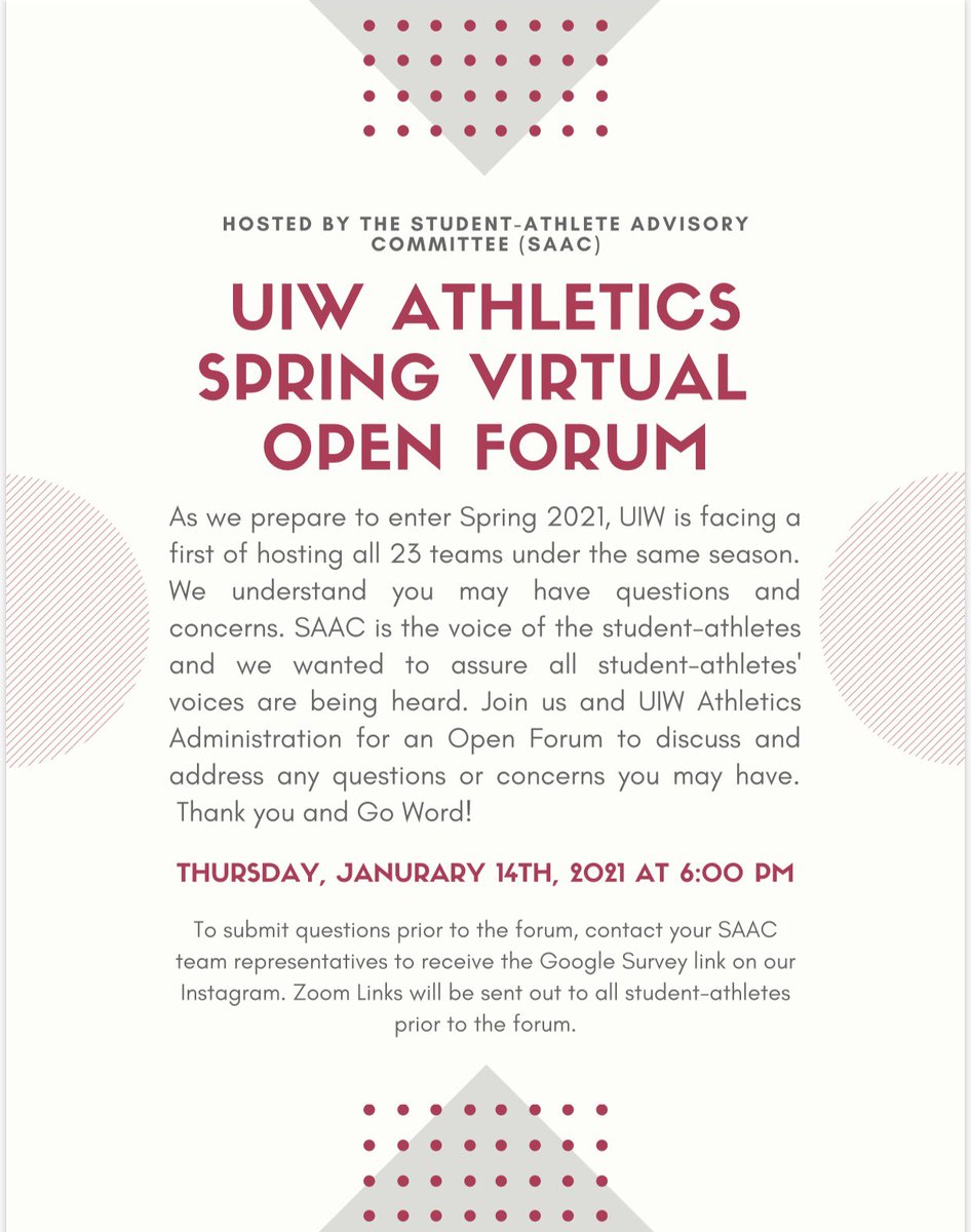 UIW_SAAC's tweet photo. Welcome back Cardinals, we pray that your break went well and safe. To kick off the new semester, we are having our virtual open forum for any questions you may have. It is open for anyone who would like to attend.
#SAACBUILT #SAACCARES https://t.co/LVaoJ5iixn