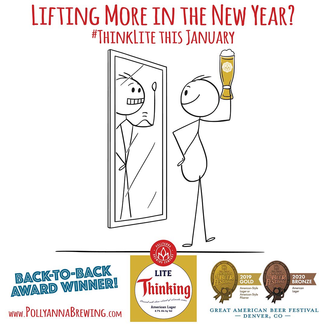 PollyannaBrewCo's tweet photo. Thinking Lite this New Year? Whether your lifting heavy or drinking light, #ThinkLite with Lite Thinking, the perfect light beer for all your New Years Resolutions. Did we say light enough?
.
Walk in or pre-order at https://t.co/4SiiTLT1Ik https://t.co/BrQhEYGpzU