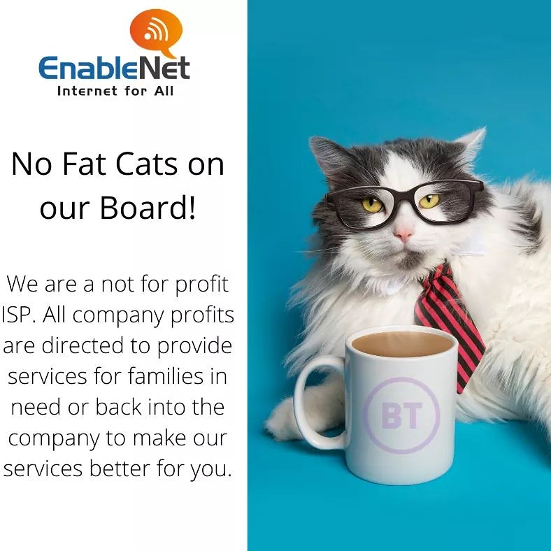 No Fat Cats Here!

We use our profits to #support our #communities by #donating our #superfastbroadband packages and reinvesting into our services for you.

#socialenterprise #notforprofit #isp #internetserviceprovider #startup #broadband