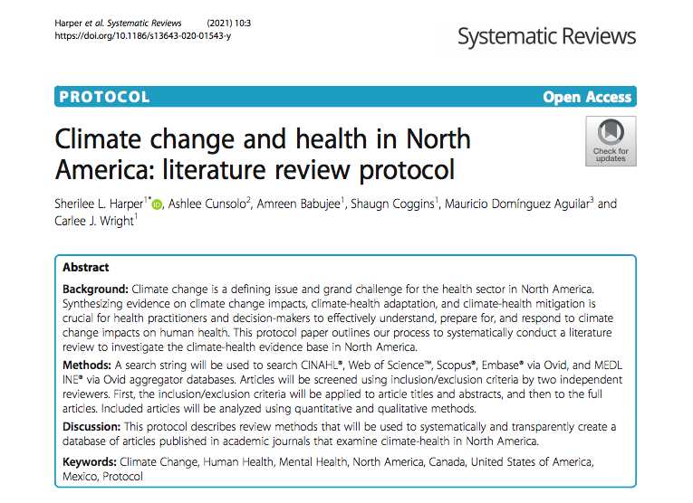 New paper out from <a href="/CCGHResearch/">Climate Change and Global Health Research Group</a>, led by <a href="/Sherilee_H/">Sherilee Harper</a>: a systematic literature review protocol on #climatechange &amp; #health in #NorthAmerica. Full article, based on this SLR protocol forthcoming. 

Free &amp; #openaccess: …maticreviewsjournal.biomedcentral.com/articles/10.11…

cc. <a href="/carleewright/">Carlee Wright</a> <a href="/shaugncoggins/">shaugncoggins</a>