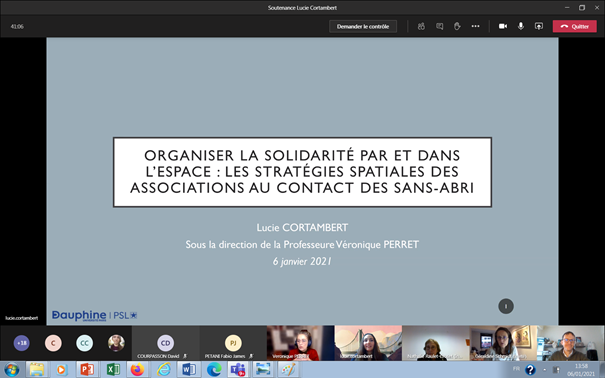 fdevaujany's tweet photo. Soutenance d'une thèse dont je conseille fortement la lecture "Organiser la solidarité par et dans l'espace : les stratégies spatiales des associations au contact des sans-abris" par @LCortambert Très heureux également de ce moment partagé avec le jury, même de loin 😀 https://t.co/xcgQe91nJv