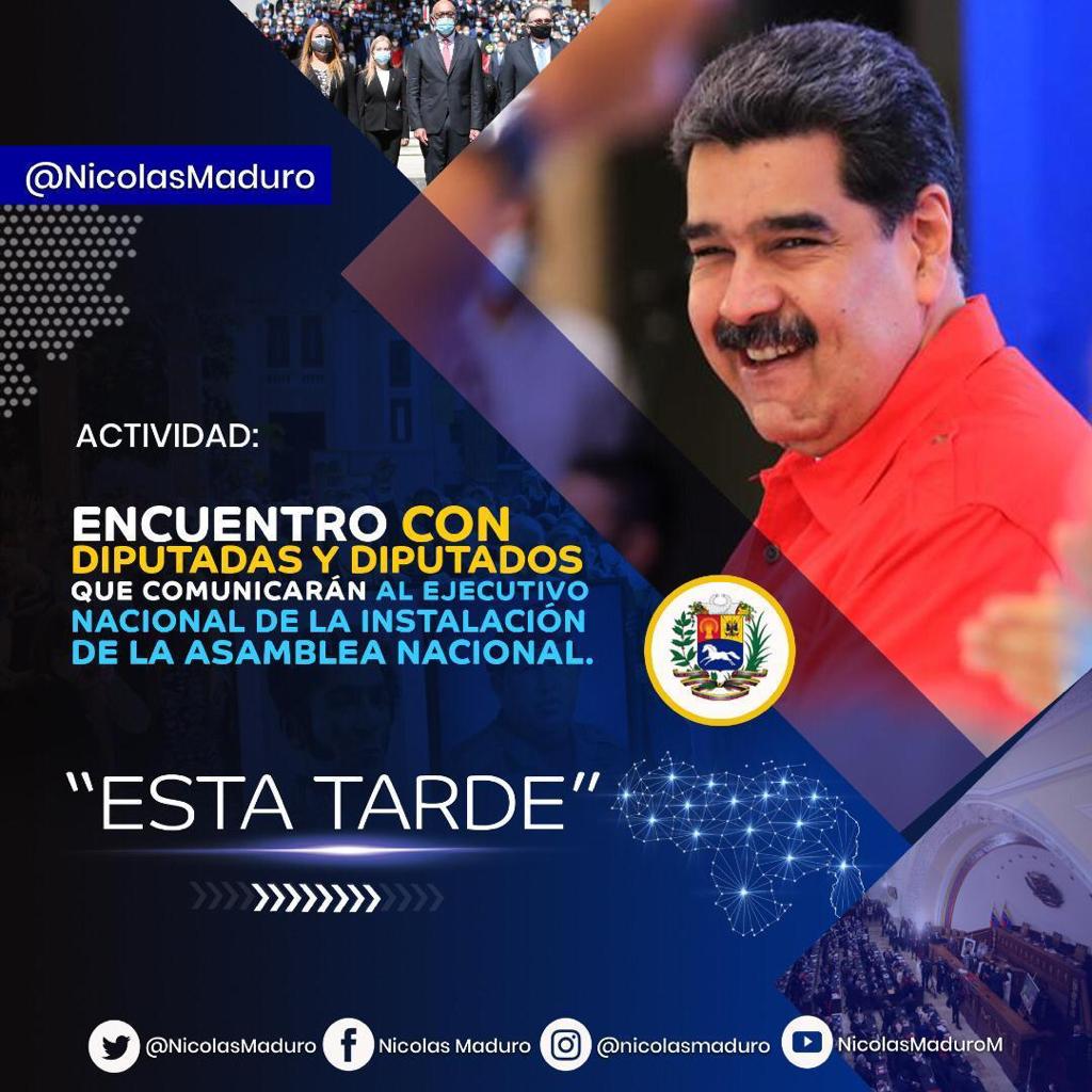 📢 🇻🇪#Atentos
Esta tarde el Presidente <a href="/NicolasMaduro/">Nicolás Maduro</a> tendrá un Encuentro con los Diputados y Diputadas.
No te lo pierdas!
#ANPatriota