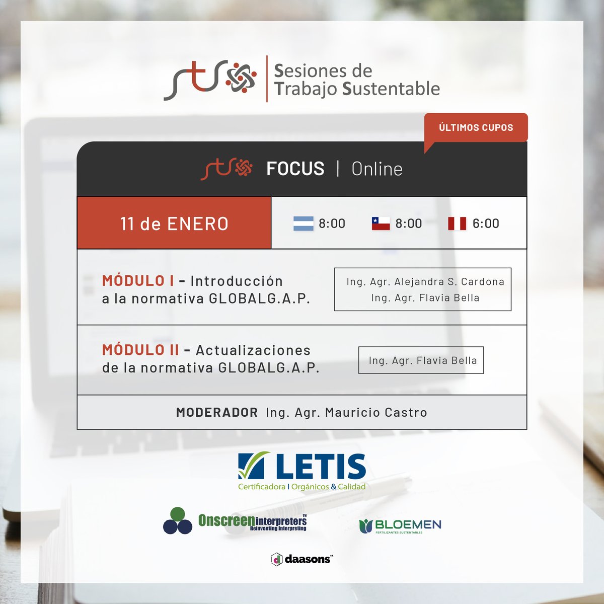 Letis_Calidad's tweet photo. ¡Últimos cupos!🙂Te esperamos el próximo 11 de Enero en Sesiones de Trabajo Sustentable (STS) Focus modalidad #online 💻: una edición especial centrada en la norma GLOBALG.A.P. y sus actualizaciones.⁣ ✅ INSCRIPCIÓN: https://t.co/2Hqk1pXgbW https://t.co/sX1EUKrRBx