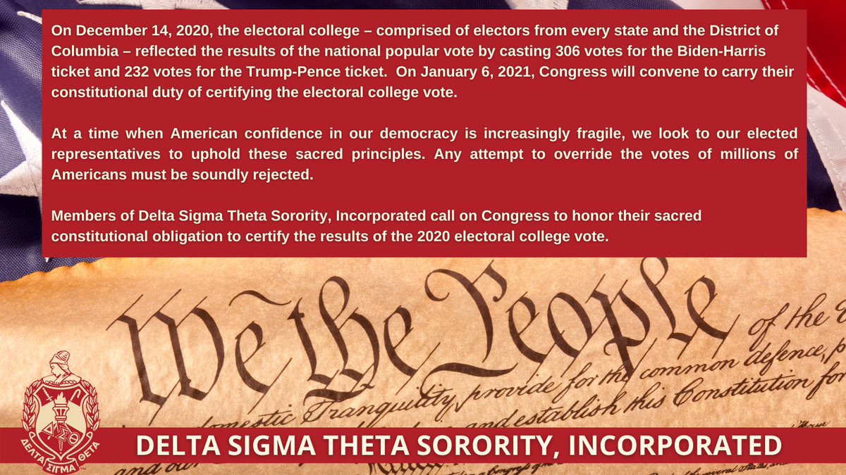 dstinc1913's tweet photo. Members of Delta Sigma Theta Sorority, Incorporated call on Congress to honor their sacred constitutional obligation to certify the results of the 2020 electoral college vote.  
 
#JusticeForAll #DST1913 #PowerInOurVoice https://t.co/rEPhMqucxq